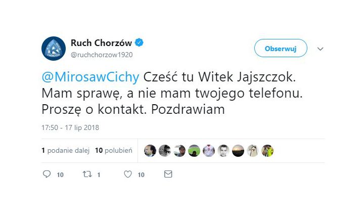 HIT! Ruch Chorzów na Twitterze prosi o numer :D